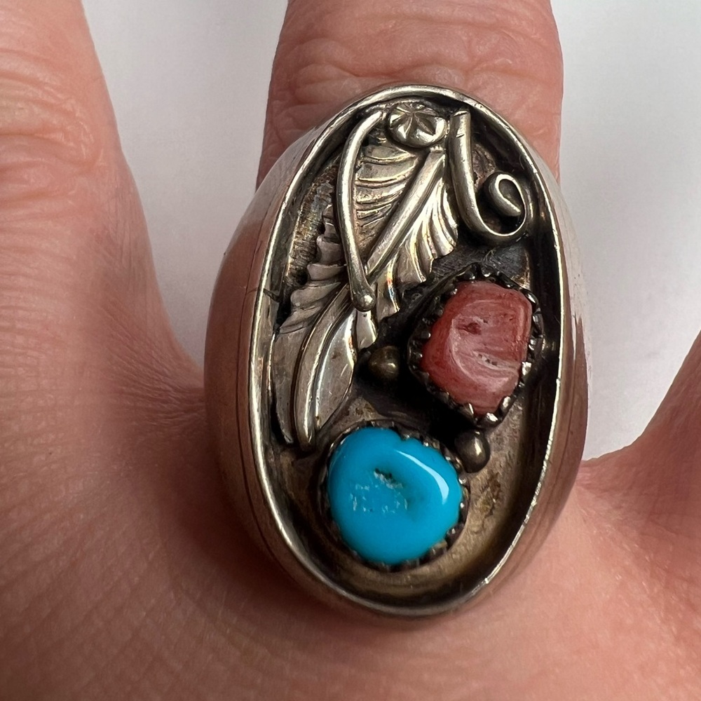 Large Turquoise & Coral Sterling Silver 925 Ring, Size 10